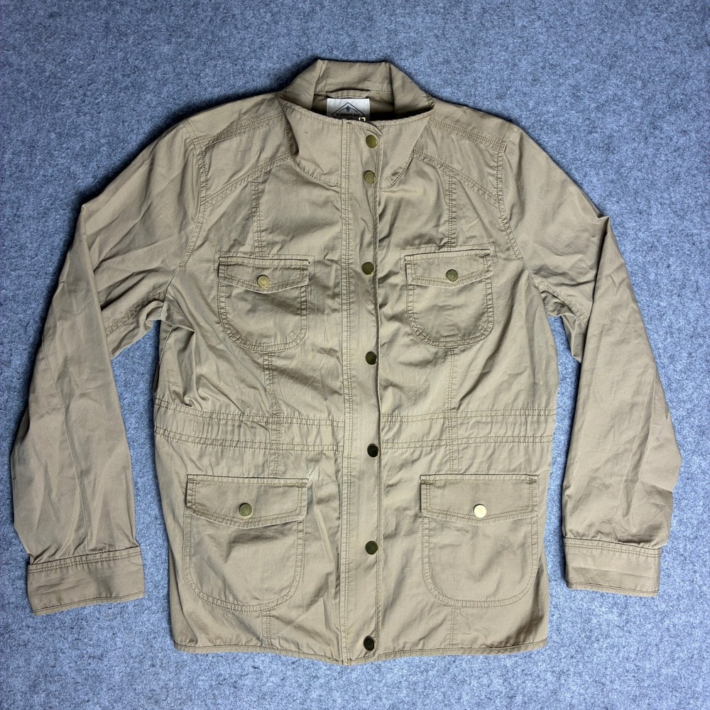 St Johns Bay Womens PL Khaki Tan Cotton Utility Field Jacket Coat Mock Neck